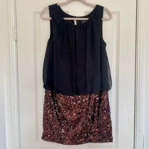 Adrianna Papell Black Blouson Dress with Brown Bronze Sequin Skirt